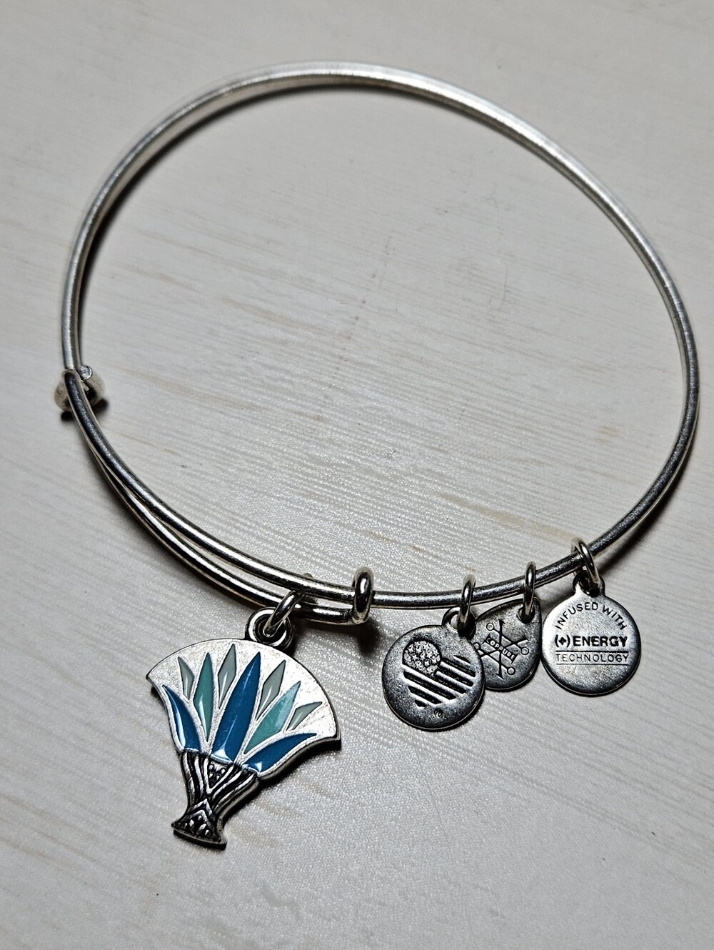 Alex and Ani Blue Lotus Charm Bangle Bracelet • Rafaelian Silver Finish - Picture 2 of 5